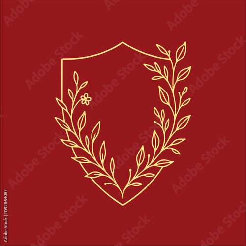 Minimalist Medieval Knight Shield Vector Illustration with Floral Vines and Leaves Decoration in Monoline Art Style, Logo, Tattoo Design