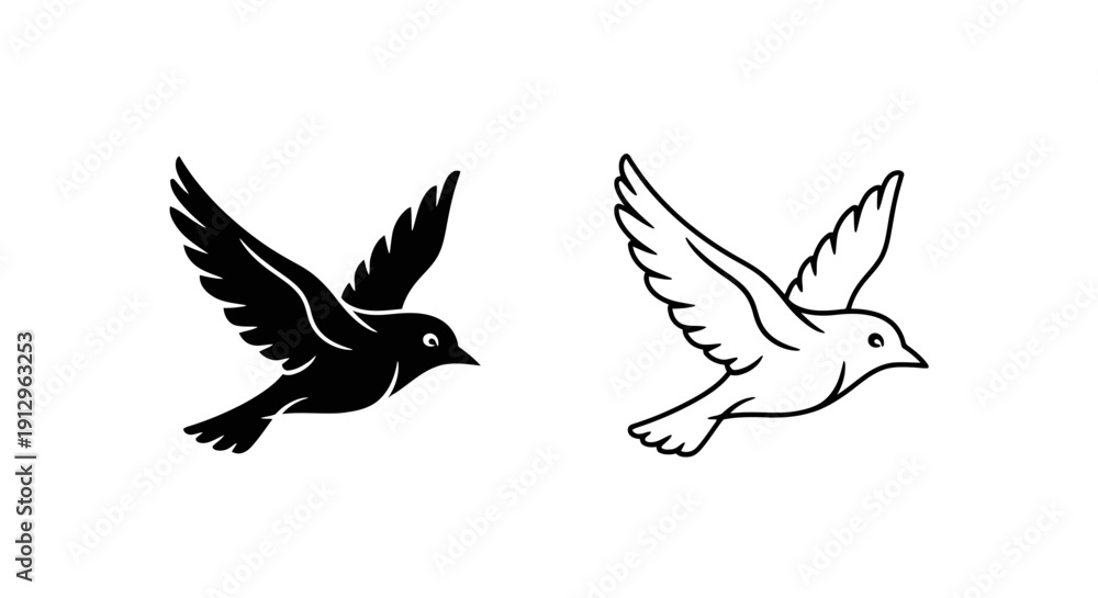 Fototapeta premium Black and white bird icons flying in opposite directions vector illustration Vector