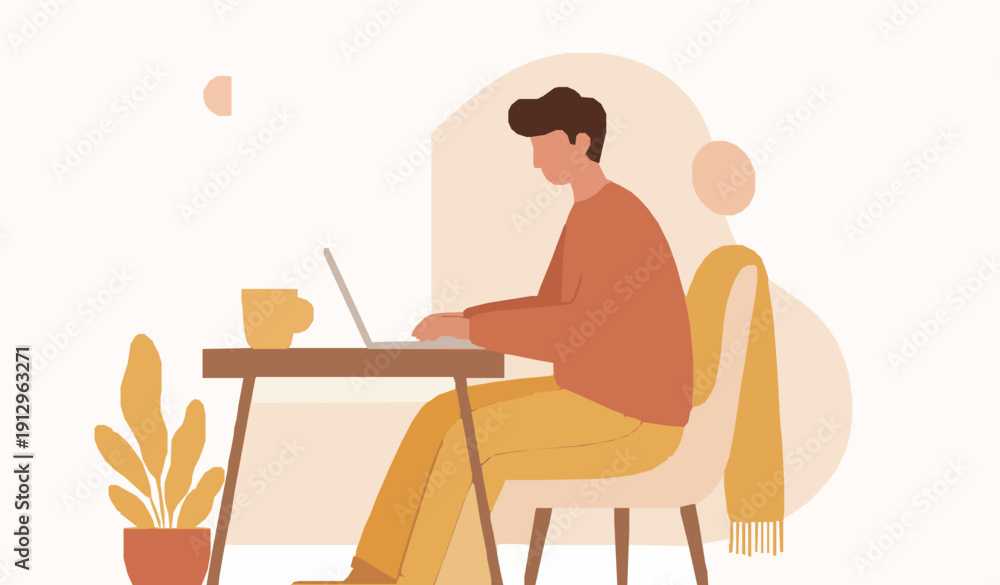 Fototapeta premium Work from Home illustration: A digital illustration depicts a person seated at a desk, focused on their laptop, in a comfortable home office setting, coffee, and scarf.
