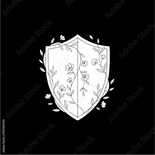 Minimalist Medieval Knight Shield Vector Illustration with Floral Vines and Leaves Decoration in Monoline Art Style, Logo, Tattoo Design