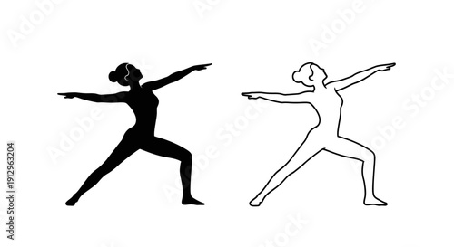 Yoga pose illustration: woman practicing warrior i pose, fitness art, exercise drawing Vector