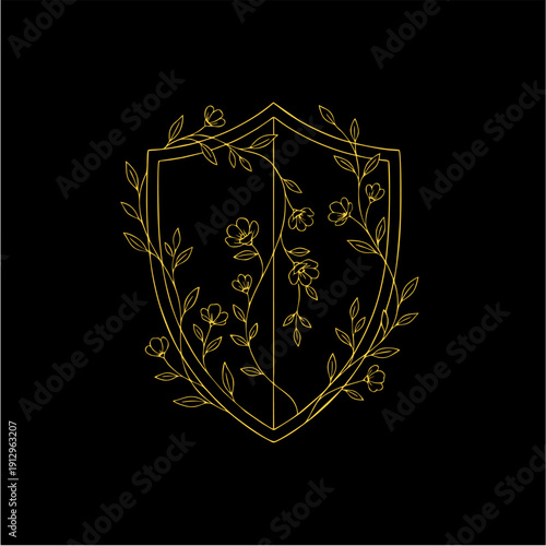 Minimalist Medieval Knight Shield Vector Illustration with Floral Vines and Leaves Decoration in Monoline Art Style, Logo, Tattoo Design
