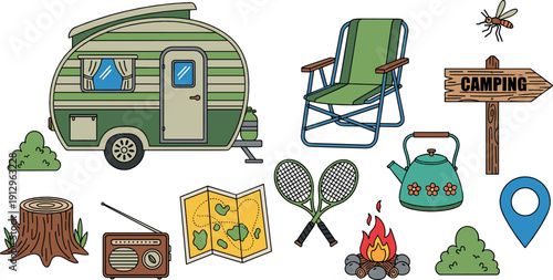 Retro camping and outdoor travel icons set with caravan, campfire, chair, kettle, map, radio, forest elements, and summer adventure symbols