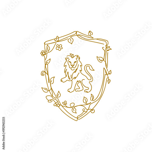 Luxury Gold Lion Shield Vector Illustration with Floral Vines for Medieval Knight Emblem in Monoline Art Style Logo, Tattoo Design
