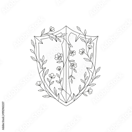 Minimalist Medieval Knight Shield Vector Illustration with Floral Vines and Leaves Decoration in Monoline Art Style, Logo, Tattoo Design
