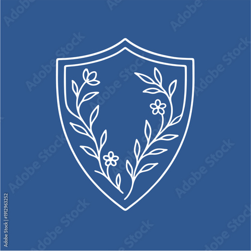 Minimalist Medieval Knight Shield Vector Illustration with Floral Vines and Leaves Decoration in Monoline Art Style, Logo, Tattoo Design