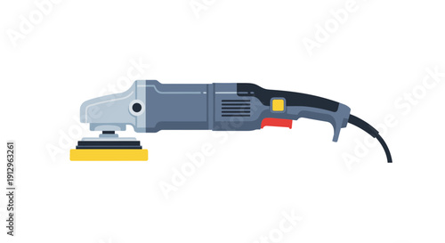 Sander machine with yellow sanding pad on white background, viewed from the side, showcasing its gray and black design with red trigger