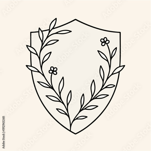Minimalist Medieval Knight Shield Vector Illustration with Floral Vines and Leaves Decoration in Monoline Art Style, Logo, Tattoo Design
