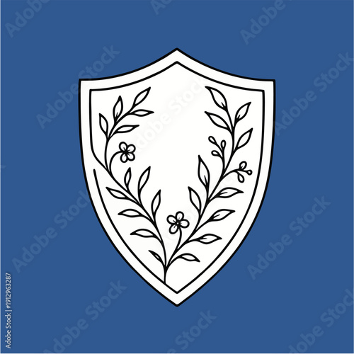 Minimalist Medieval Knight Shield Vector Illustration with Floral Vines and Leaves Decoration in Monoline Art Style, Logo, Tattoo Design