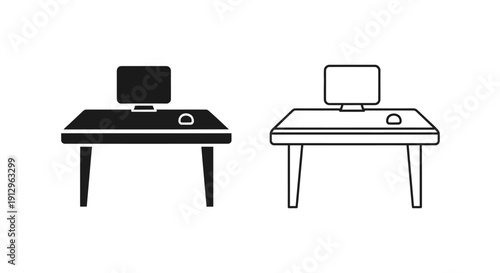 Modern desks with computers and laptop, minimalist workspace setup, office furniture Vector