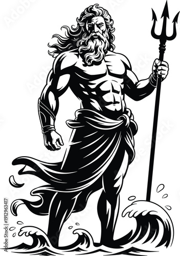Poseidon Greek god illustration, powerful sea deity holding trident standing in ocean waves mythological character vector artwork