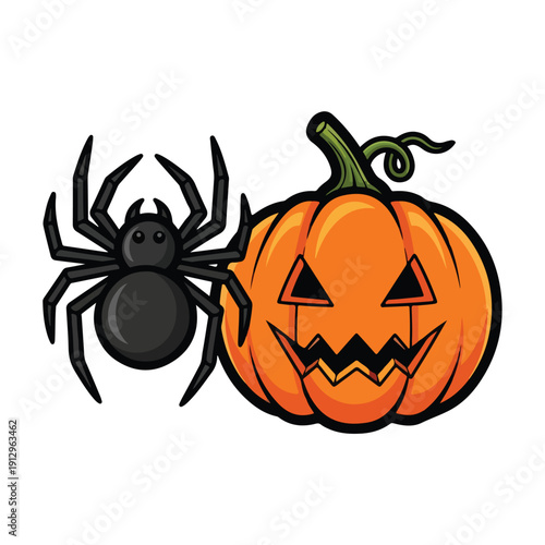 A black spider perched beside an orange pumpkin with a carved face on a white background, vector illustration, Halloween theme, graphic design element, isolated object view, pektor325.eps reference