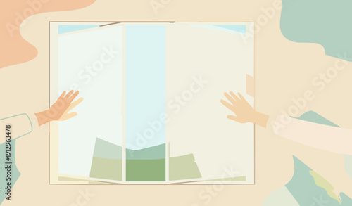 Unveiling the Future: Two hands interacting with a virtual screen showcasing a vibrant environment, symbolizing innovation and technological advancement.