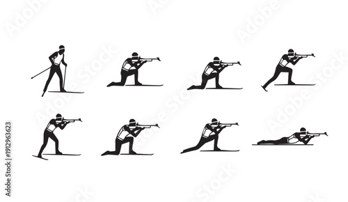 Biathlon Athlete Poses Silhouettes: Skiing and Shooting Positions