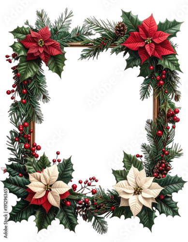 Festive Christmas Border Frame with Poinsettias and Holly on Black Background