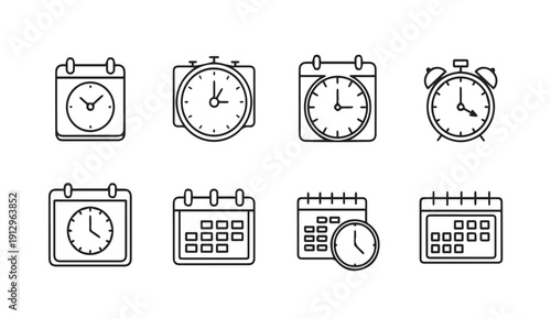 Calendar and Clock Icons Set, Time Management Symbols, Vector Line Art