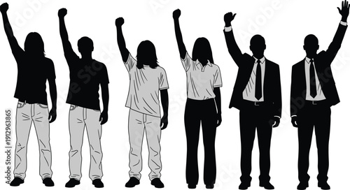 Diverse silhouette people raising hands and fists together, unity protest or teamwork concept illustration, isolated black figures representing empowerment, solidarity and social movement themes