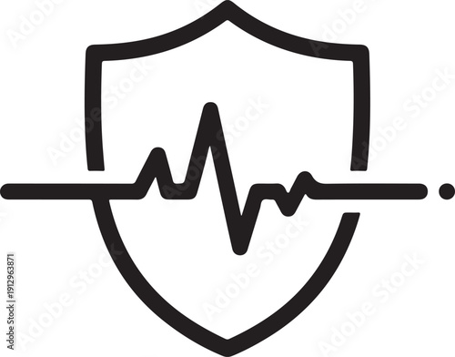 Black and white icon representing medical insurance with a heartbeat line over a shield shape isolated on white background, illustration