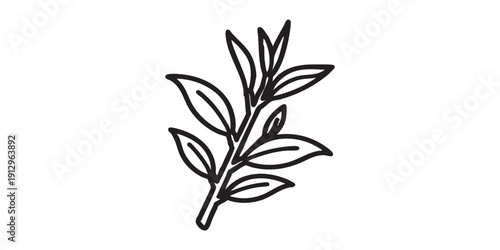 Black and white flat vector icon of a tea leaves branch, minimal outline style, single centered composition, isolated on white background, clean design.