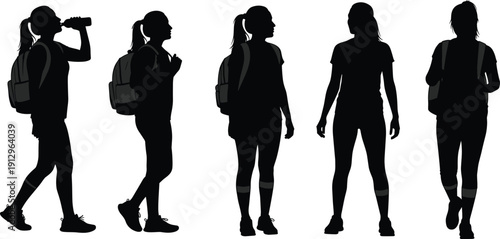 Female hiker and traveler silhouette set with backpack and water bottle, outdoor adventure walking poses isolated vector illustration for travel, trekking and lifestyle themes