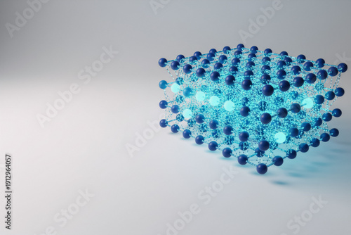 Futuristic network cube glows with vibrant light on a minimalist background design