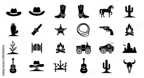 Western Ranch Silhouette Icons – Minimal Cowboy Vector Set