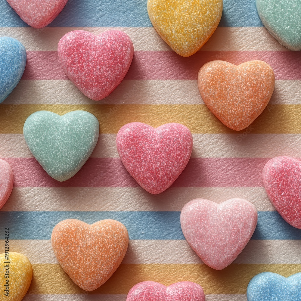 Fototapeta premium Pastel Heart Candy Hearts on Soft Striped Background - Sweet Treats Collection
