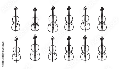 Collection of Cellos arranged in rows, isolated on white background, stock media