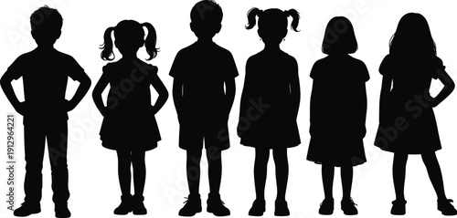 Kids standing silhouette collection isolated on white background, children group front view pose vector set for childhood lifestyle design illustration bundle