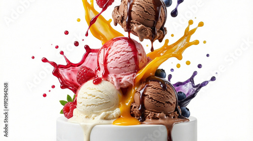 Assorted Ice Cream Scoops with Fruit Syrup Splashes and Berries