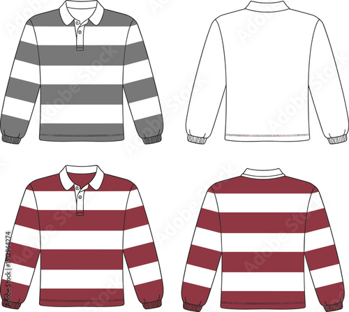 Technical Sketch Illustration of Striped Long Sleeve Rugby Polo Shirts Front and Back Views in Gray and Red Color Schemes