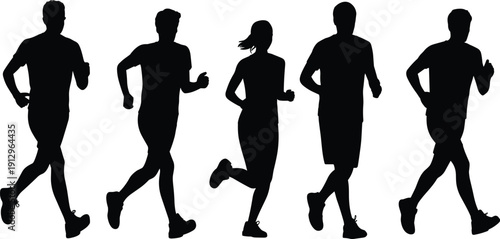 Running people silhouette set isolated on white background, male and female jogger vector collection for fitness design, sport logo, marathon illustration bundle