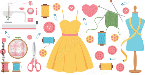 Sewing and tailoring illustration set with dressmaking tools, yellow dress, mannequin, threads, buttons, scissors, measuring tape, and handmade fashion elements