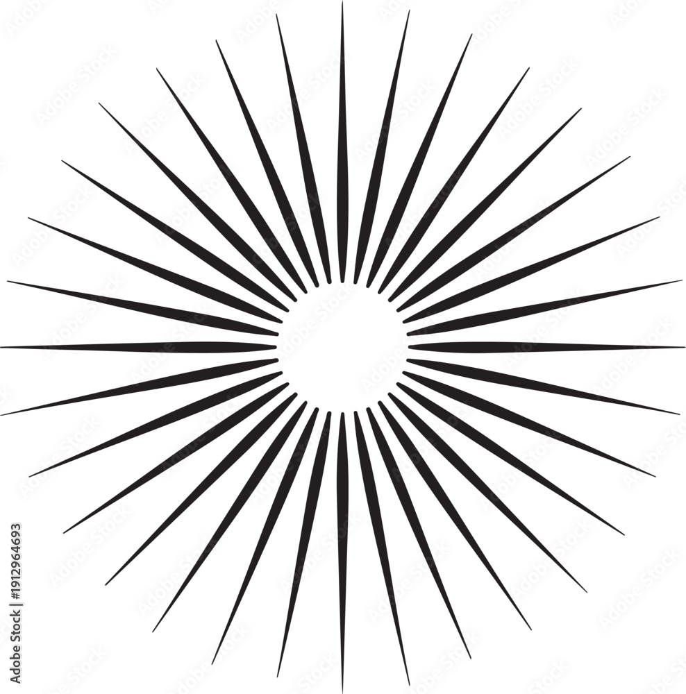 Obraz premium Black and white sunburst pattern with radiating lines from a central circle on a white background isolated on white background, illustration