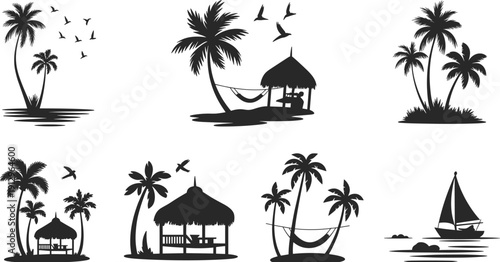Tropical beach silhouettes illustration, palm trees and huts vector, hammock and sailboat design, summer vacation graphic, exotic island artwork