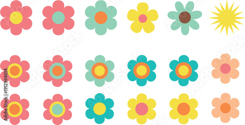 Simple colorful flower icon illustration set with cute flat blossoms and sun shapes in bright pastel palette for kids design patterns and spring decorations