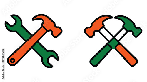 Colourful crossed wrench and hammer icons in green and orange hues, vector illustrations representing tools, repair, maintenance, construction, DIE projects, workshop work, and professional