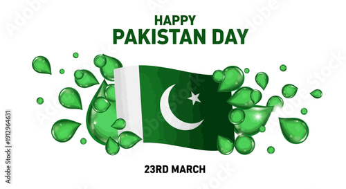 A graphic illustration celebrating pakistan day with a green flag and leaves.