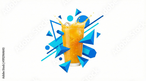 Fresh Orange Juice Splash with Blue Geometric Abstract Shapes on White Background