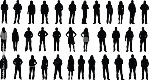 Standing people silhouettes big collection, diverse male and female human characters lineup, urban crowd vector illustration set isolated black figures design
