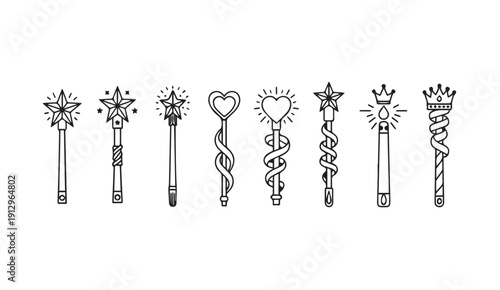 Collection of Magic Wands with Stars, Hearts, and Crowns, Line Art