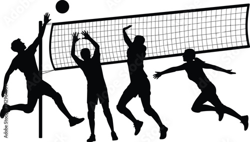 Volleyball players silhouette jumping at net, team sport action competition game isolated on white background vector illustration