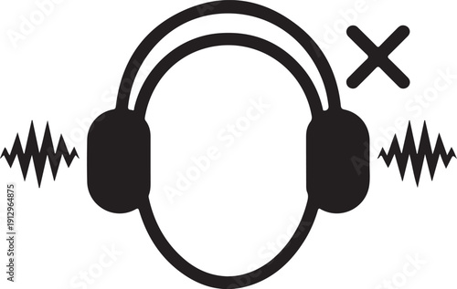 Black and white icon of headphones with sound waves and an x symbol representing noise cancellation isolated on white background, illustration