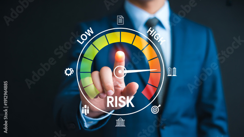 A professional business image showing a person in a dark blue suit jacket interacting with a digital risk assessment gauge
