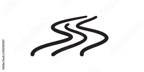 Black and white flat vector icon of a calm river flow, minimal outline style, single centered composition, clean design, isolated on white background.