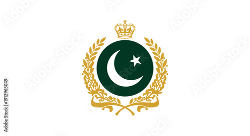 Emblem of pakistan featuring a crescent moon and star surrounded by a wreath