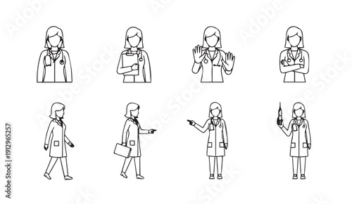 Doctor Icon Set: Various Poses and Actions in Outline Style