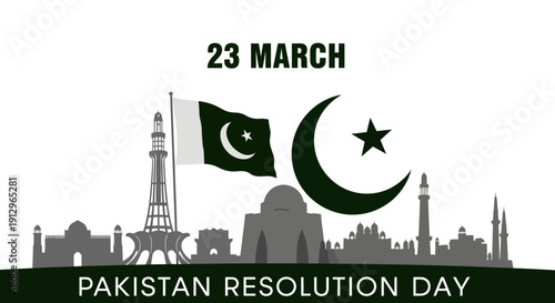 Pakistan resolution day celebration with national flag and crescent moon