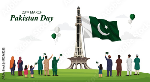 Pakistan resolution day celebration with minar e pakistan and national flag.