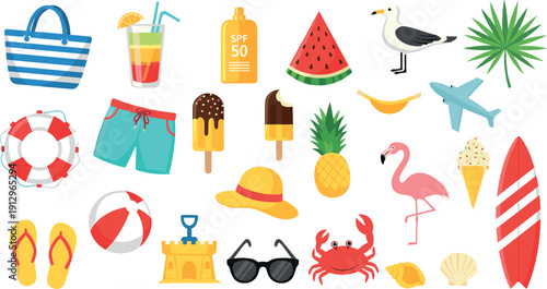 Summer beach vacation illustration set with tropical fruits, ice cream, surfboard, sunscreen, sunglasses, flamingo, crab, and seaside holiday elements